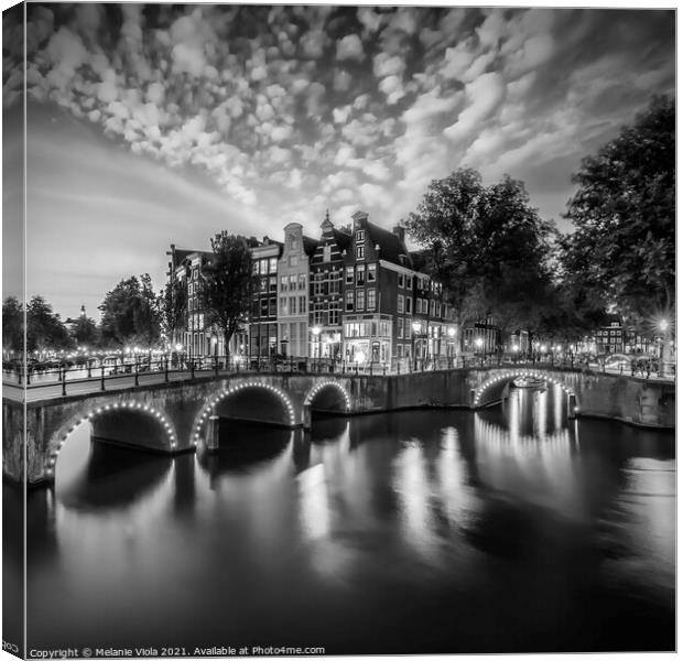 AMSTERDAM Idyllic nightscape from Keizersgracht and Leidsegracht | Monochrome Canvas Print by Melanie Viola