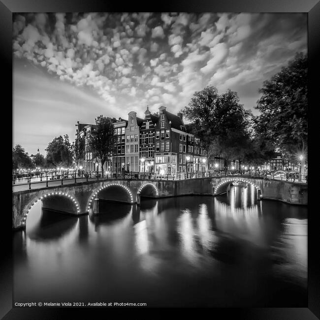 AMSTERDAM Idyllic nightscape from Keizersgracht and Leidsegracht | Monochrome Framed Print by Melanie Viola