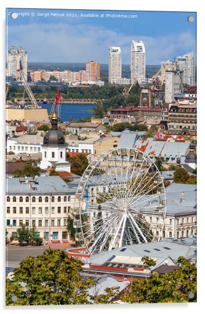 Ferris wheel and bell tower with copper roof and gilded dome in the old Podil district in Kyiv, cityscape on a summer day. Acrylic by Sergii Petruk