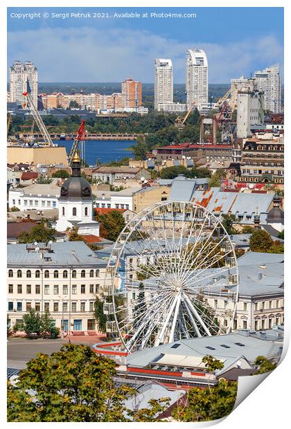 Ferris wheel and bell tower with copper roof and gilded dome in the old Podil district in Kyiv, cityscape on a summer day. Print by Sergii Petruk