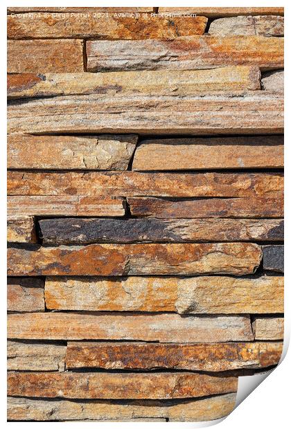 Brown slabs of old sandstone are lined with a wall. Print by Sergii Petruk