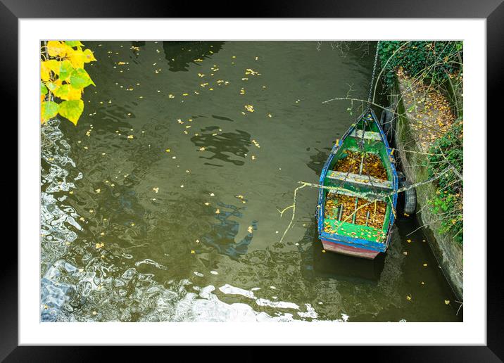 wooden boat moored on the bank of the river Framed Mounted Print by David Galindo