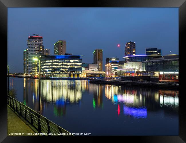 Media City UK and The Quays Theatre at Dusk Framed Print by Mark Sunderland