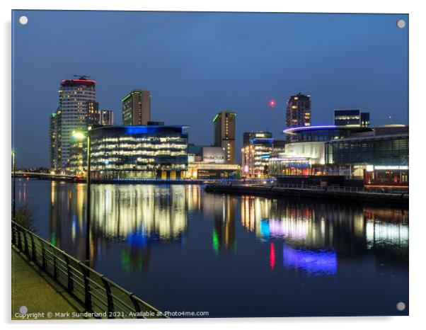 Media City UK and The Quays Theatre at Dusk Acrylic by Mark Sunderland