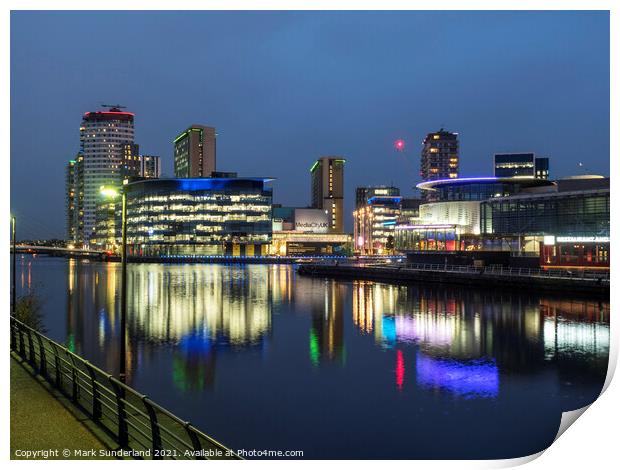 Media City UK and The Quays Theatre at Dusk Print by Mark Sunderland