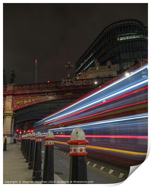 Bus light trail at Holborn Viaduct Print by Stephen Coughlan