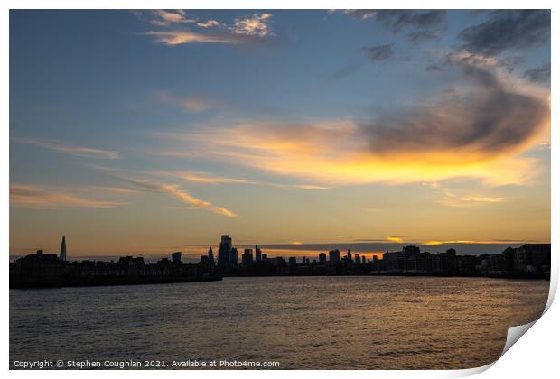 Beautiful sky over London from Canary Wharf Print by Stephen Coughlan
