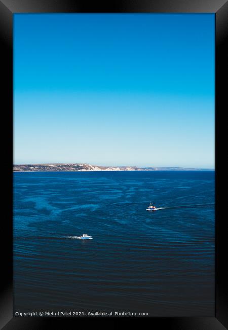 Two boats travelling across blue waters of Weymout Framed Print by Mehul Patel