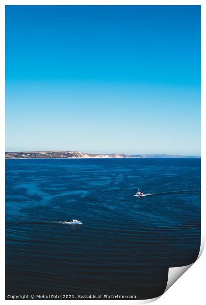 Two boats travelling across blue waters of Weymout Print by Mehul Patel