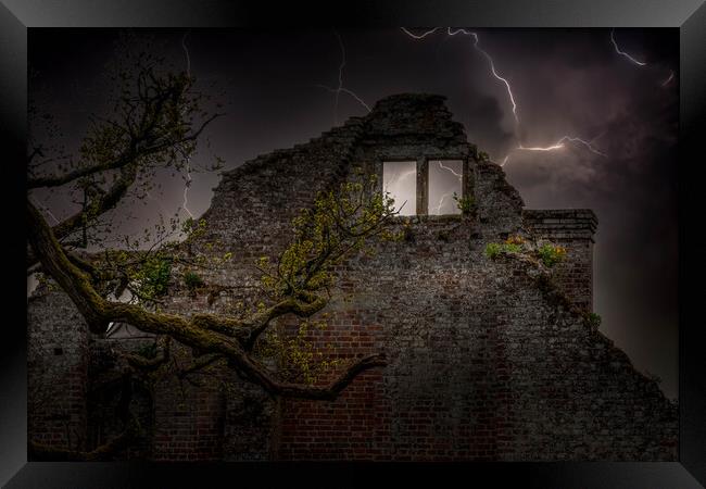 Lightning at Scotney Castle  Framed Print by Jadwiga Piasecka