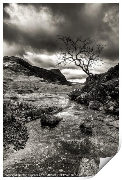 Lone tree and mountain background mono Print by Clive Ingram