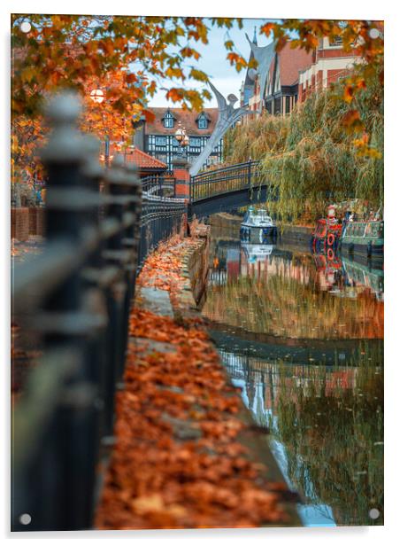 Autumn leaves on Waterside, Lincoln Acrylic by Andrew Scott