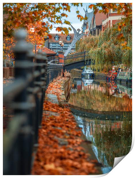 Autumn leaves on Waterside, Lincoln Print by Andrew Scott