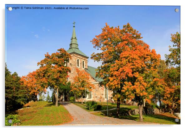 Uskela Church, Salo Finland, in Autumn Acrylic by Taina Sohlman