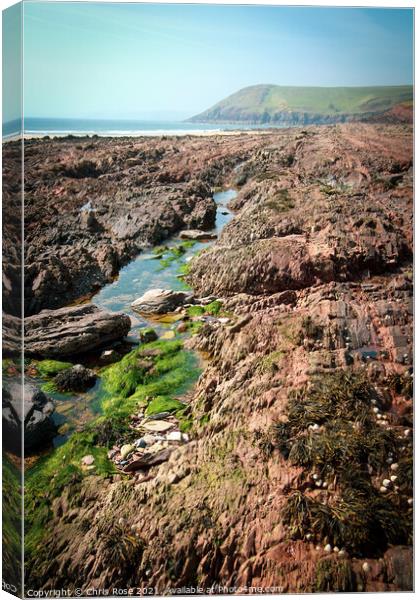 Manorbier Bay beach rockpools Canvas Print by Chris Rose