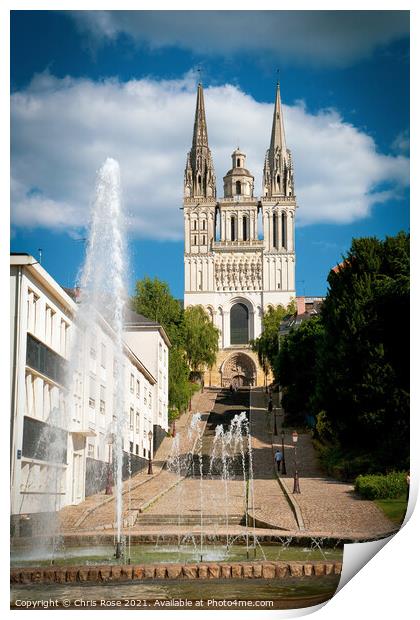 Angers, Cathedral St Maurice and fountain Print by Chris Rose