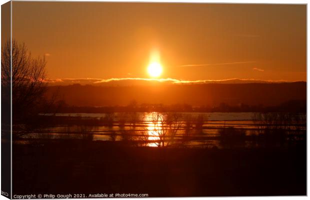 Sunset On The Floods On Somerset Levels Canvas Print by Philip Gough