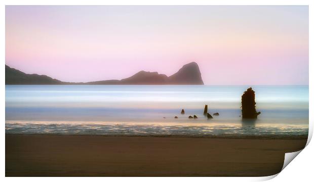 Pastel sunset at Rhossili Bay, South Wales Print by Leighton Collins