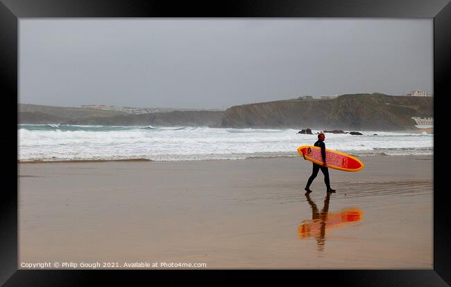SURFER ON BEACH Framed Print by Philip Gough
