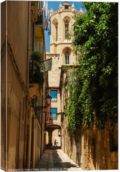 Santa Tecla street leading to the side of the cathedral in Tarragona Canvas Print by Mehul Patel