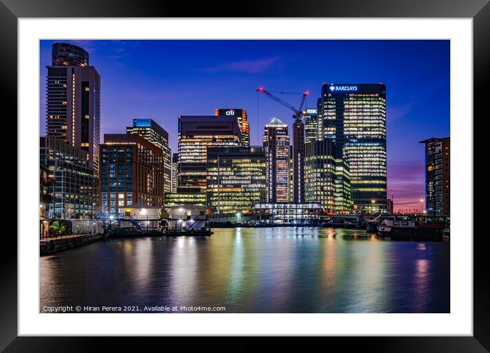 Canary Wharf Skyline at Blue Hour Framed Mounted Print by Hiran Perera