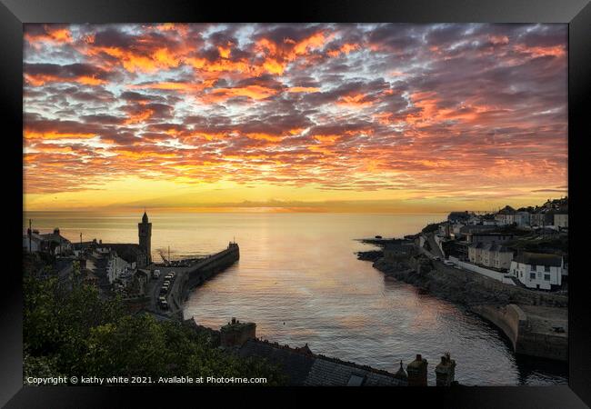 Porthleven Harbour Cornwall sunset Framed Print by kathy white