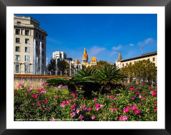 Fountain and garden at Plaça de Catalunya, Barcelona - Catalonia Framed Mounted Print by Mehul Patel