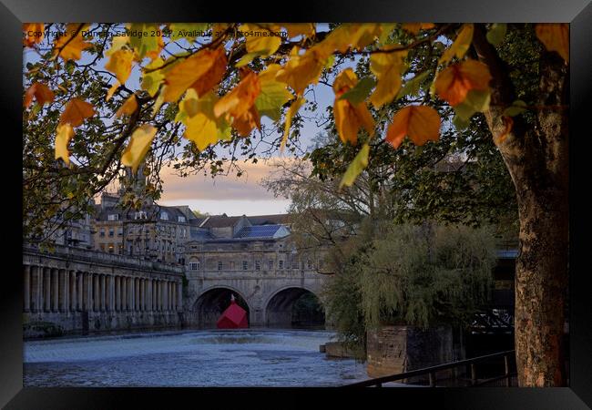 Pulteney Bridge and weir Autumn with sinking houses Framed Print by Duncan Savidge