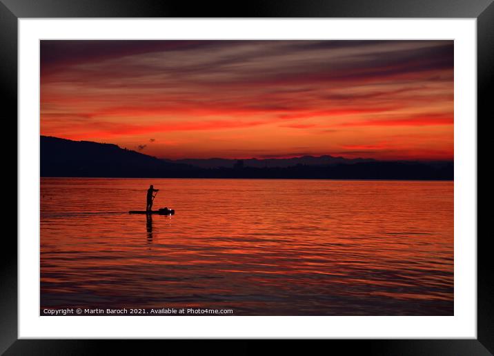 Sunset paddleboarding at Lake Zug Framed Mounted Print by Martin Baroch