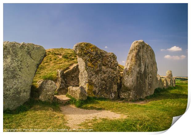 Standing stones in front of the West Kennet Long B Print by Michael Shannon