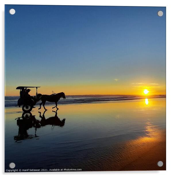 Horse-drawn carriage on sunset beach in square 1 Acrylic by Hanif Setiawan
