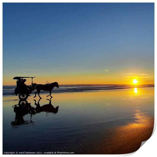 Horse-drawn carriage on sunset beach in square 1 Print by Hanif Setiawan