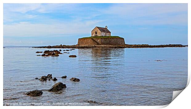 St Cwyfan Church, the church in the sea Print by Jenny Hibbert