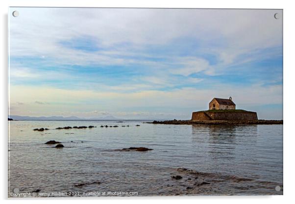 St Cwyfan church known as the church in the sea Acrylic by Jenny Hibbert