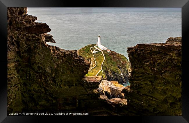 South Stack Lighthouse from Lookout Tower, Anglesey North Wales Framed Print by Jenny Hibbert