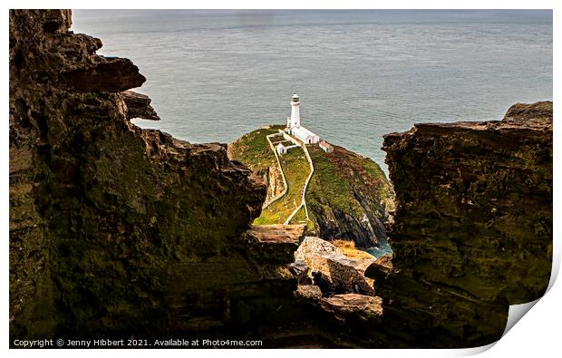 South Stack Lighthouse from Lookout Tower, Anglesey North Wales Print by Jenny Hibbert