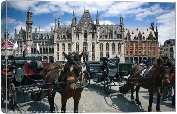Bruges' Baroque City Hall and Horse-Drawn Charm Canvas Print by Roger Mechan