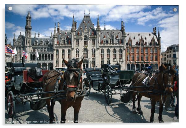 Bruges' Baroque City Hall and Horse-Drawn Charm Acrylic by Roger Mechan