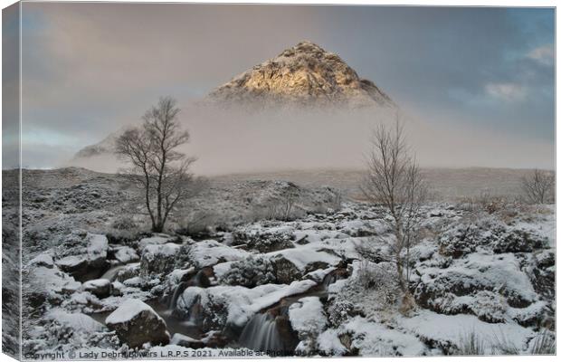 Glencoe Buachaille in snow and mist  Canvas Print by Lady Debra Bowers L.R.P.S