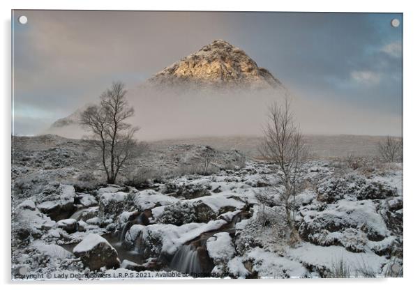 Glencoe Buachaille in snow and mist  Acrylic by Lady Debra Bowers L.R.P.S