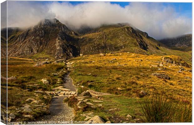 Following the pathway up to Llyn Idwal from Cwm Idwal in North Wales Canvas Print by Jenny Hibbert