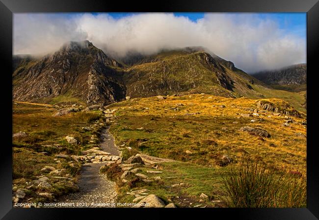 Following the pathway up to Llyn Idwal from Cwm Idwal in North Wales Framed Print by Jenny Hibbert