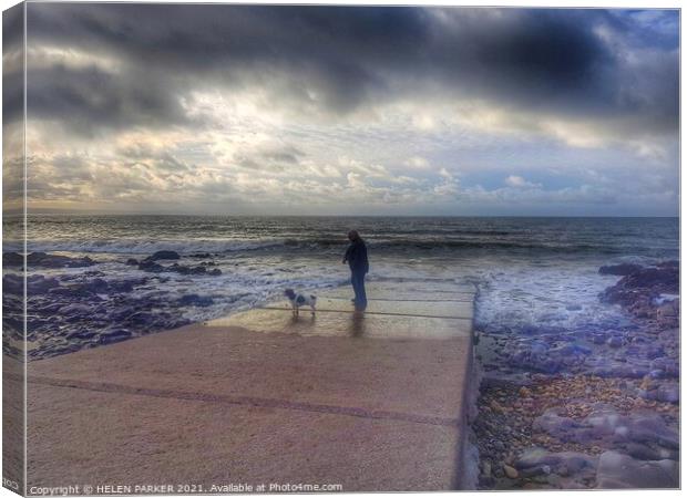 Man and his dog at the beach Canvas Print by HELEN PARKER