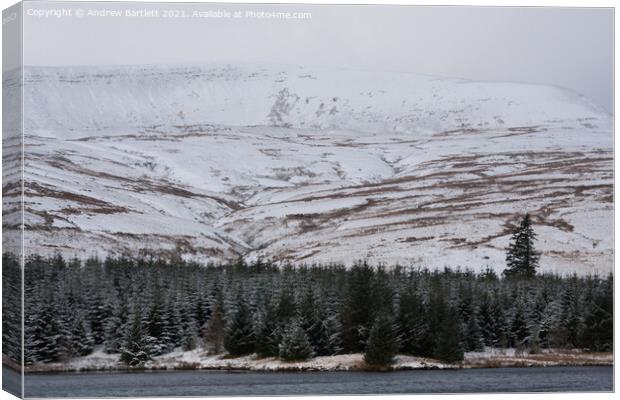 Snow at Cantref reservoir, Brecon Beacons, UK Canvas Print by Andrew Bartlett