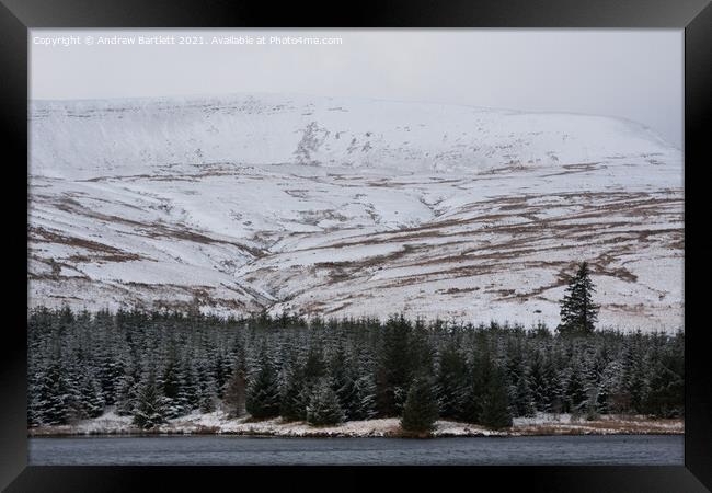 Snow at Cantref reservoir, Brecon Beacons, UK Framed Print by Andrew Bartlett