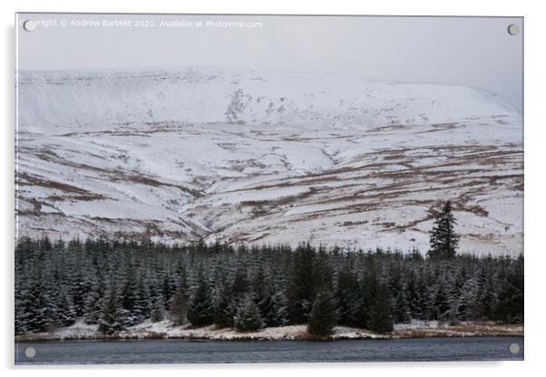 Snow at Cantref reservoir, Brecon Beacons, UK Acrylic by Andrew Bartlett
