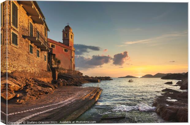 Tellaro village, church and boat at sunset. Liguria Canvas Print by Stefano Orazzini