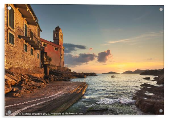 Tellaro village, church and boat at sunset. Liguria Acrylic by Stefano Orazzini