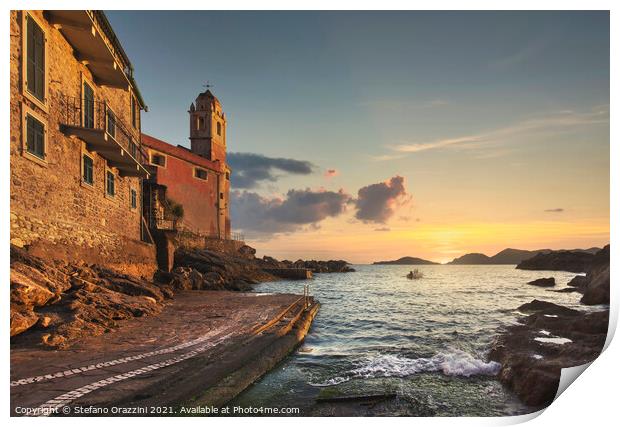 Tellaro village, church and boat at sunset. Liguria Print by Stefano Orazzini