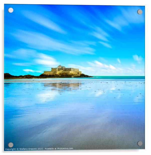 Saint Malo Fort National and beach, low tide. Brittany, France. Acrylic by Stefano Orazzini